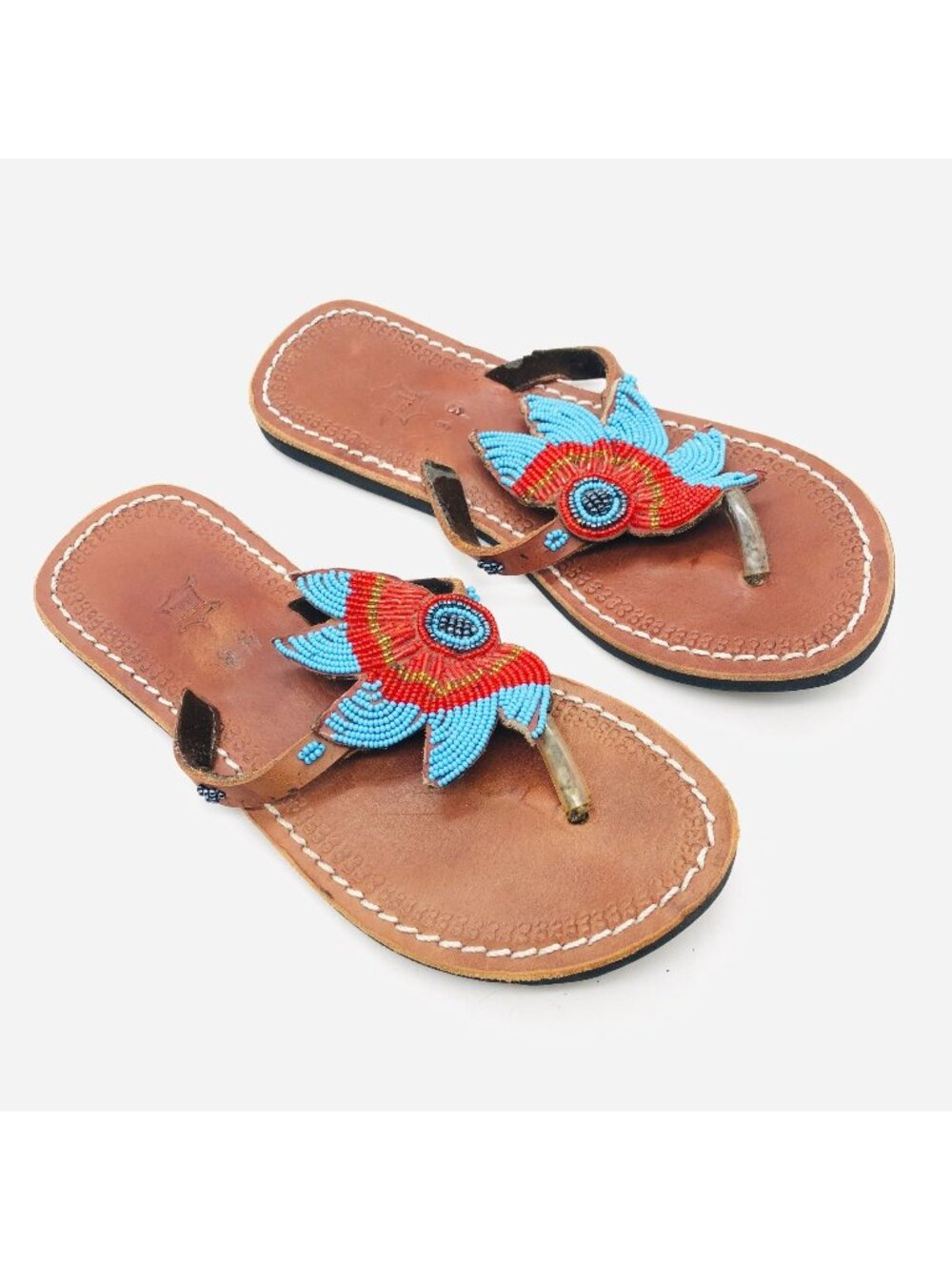 African Maasai Leather Hand Beaded Sandals Size 36 (US 5/6) Sunflower Blue Red